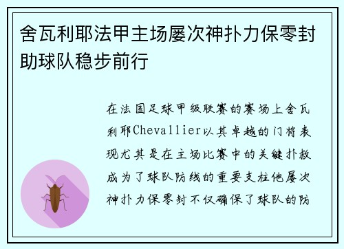 舍瓦利耶法甲主场屡次神扑力保零封助球队稳步前行 舍瓦利耶法甲主场屡次神扑力保零封助球队稳步前行